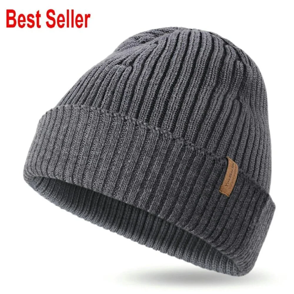 Merino Wool Rib Knit Beanie Unisex Classic Warm Lightweight Winter Hat